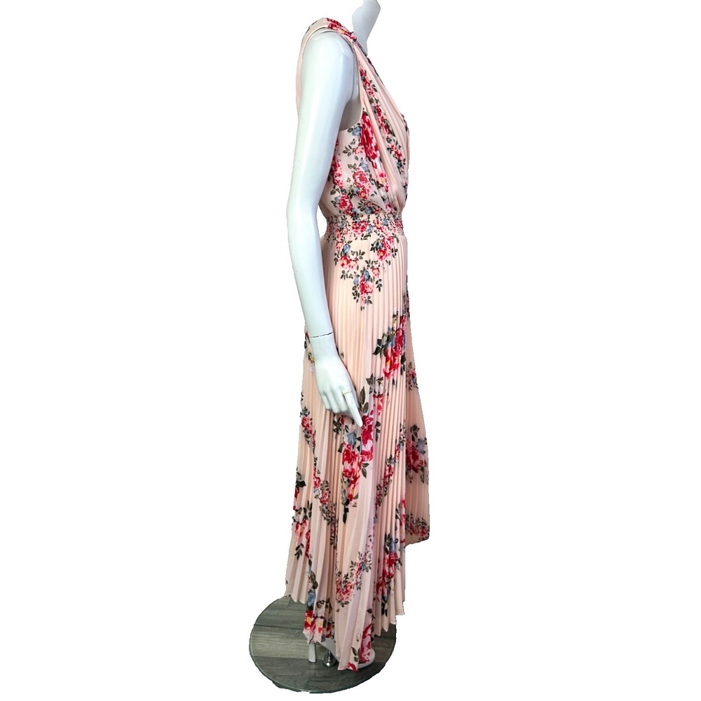 WHBM Maxi Plisse Dress Size 4 Pink Floral Chiffon V-Neck Sleeveless Zip EUC - Picture 10 of 15